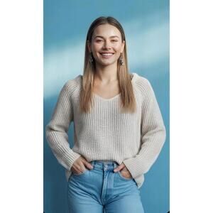 EILEEN FISHER Peruvian Organic Cotton V-Neck Hoodie Sweater in Beige-Size Small